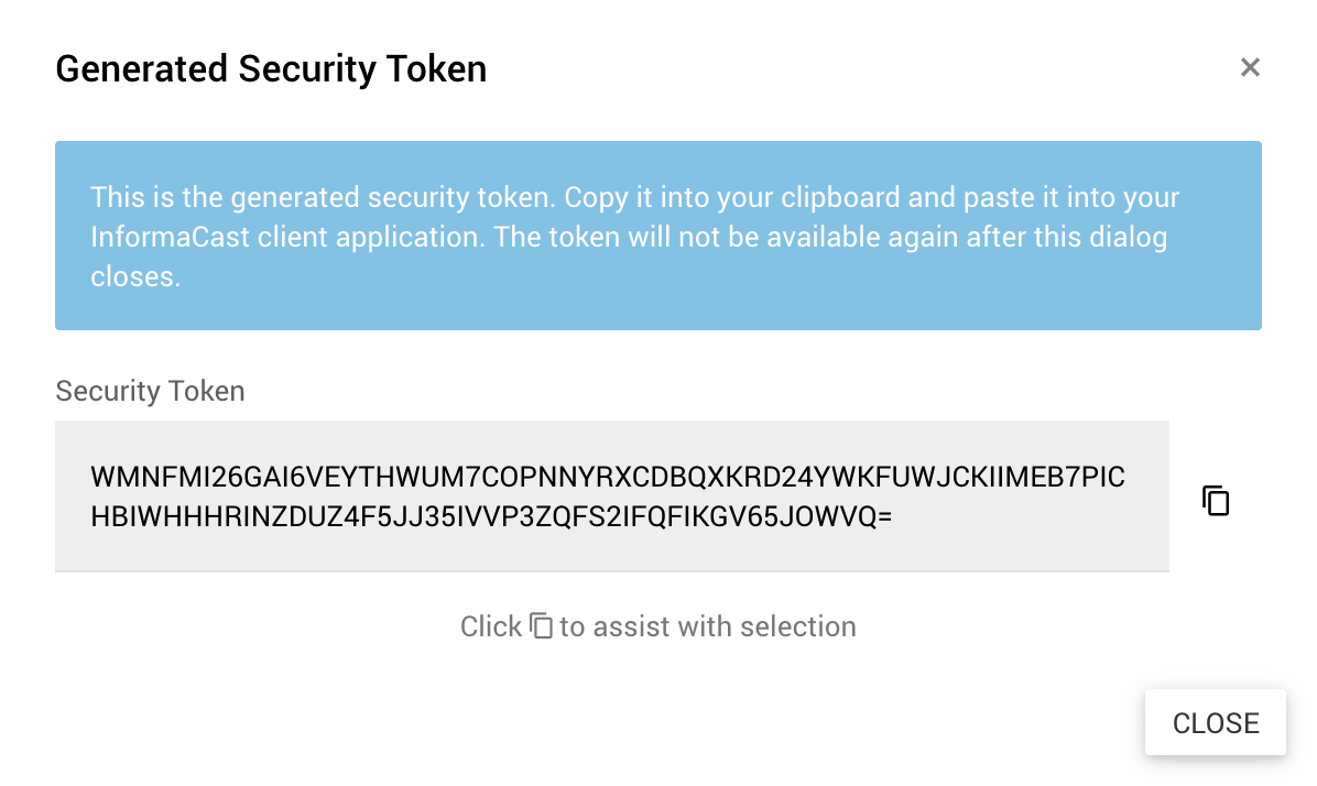 Generated Security Token pop-up window screen shot